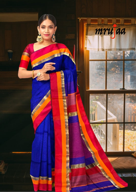 Blue Handloom Cotton Silk Saree With Red & Orange Resham Border