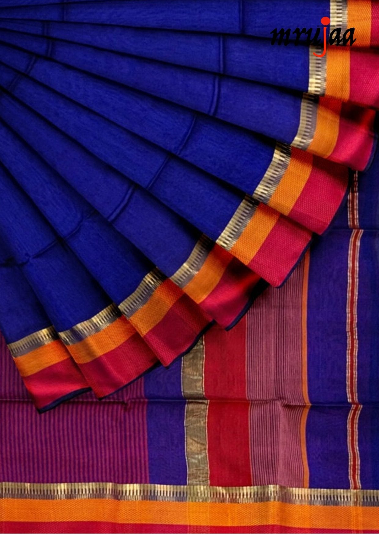 Blue Handloom Cotton Silk Saree With Red & Orange Resham Border - mrujaa