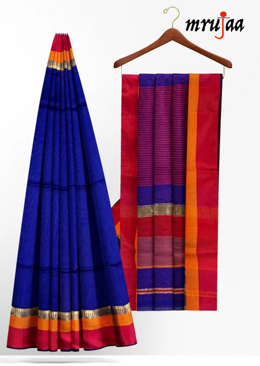 Blue Handloom Cotton Silk Saree With Red & Orange Resham Border