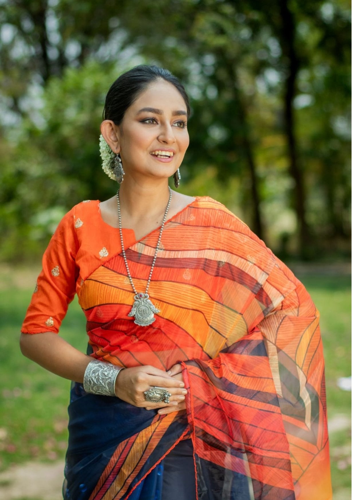 Digitally Print Organza Saree - midnight blue and orange - mrujaa