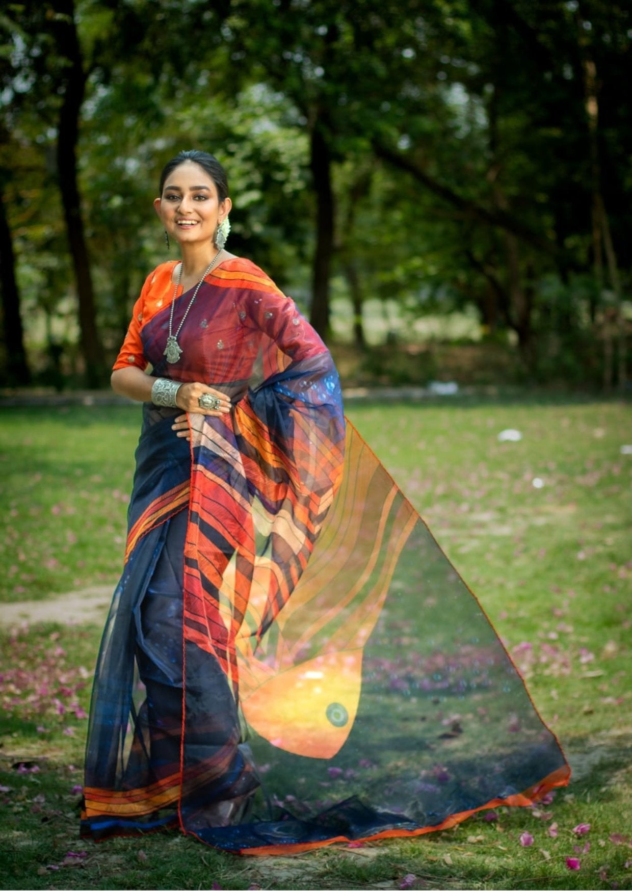 Digitally Print Organza Saree - midnight blue and orange - mrujaa