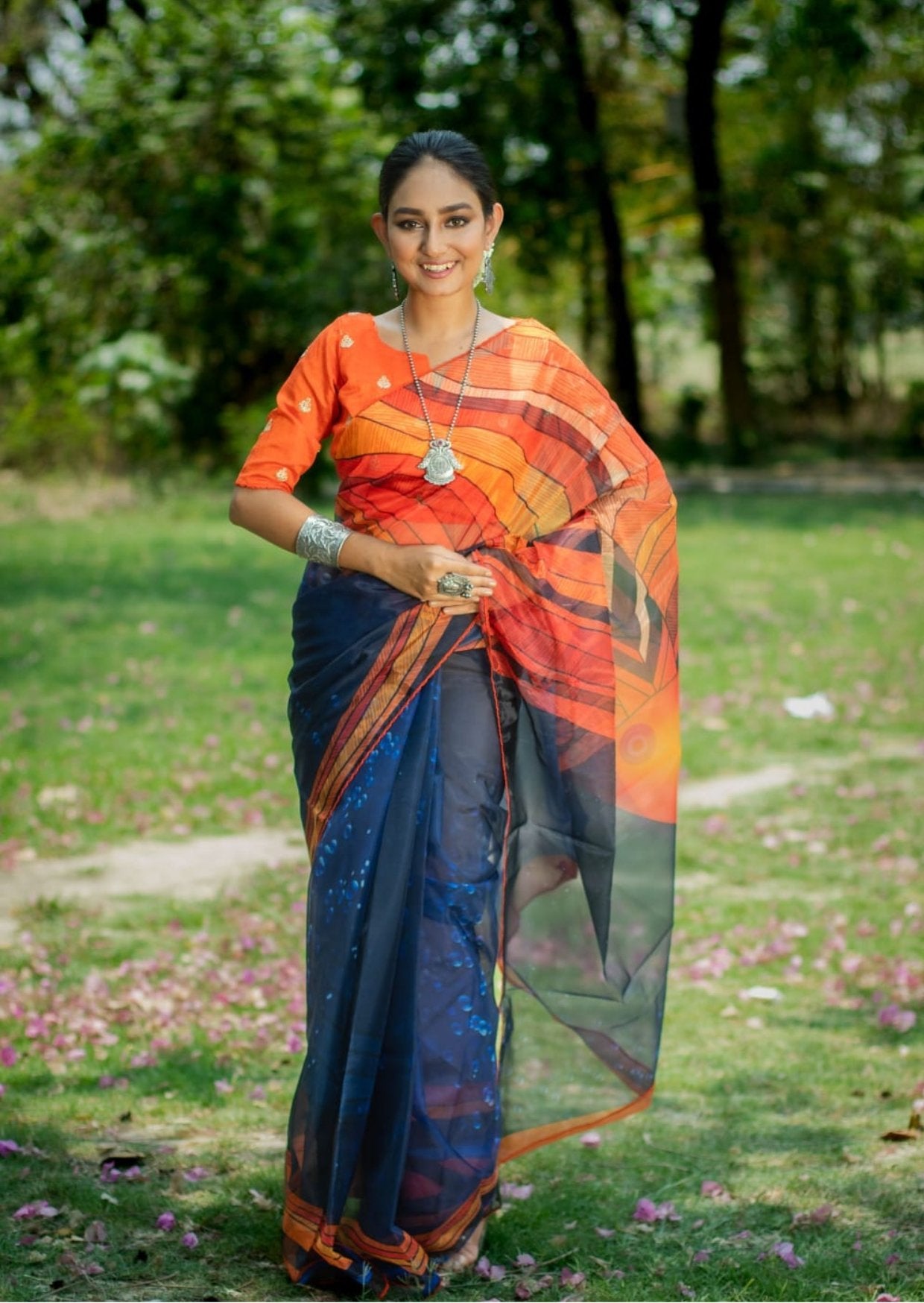 Digitally Print Organza Saree - midnight blue and orange - mrujaa