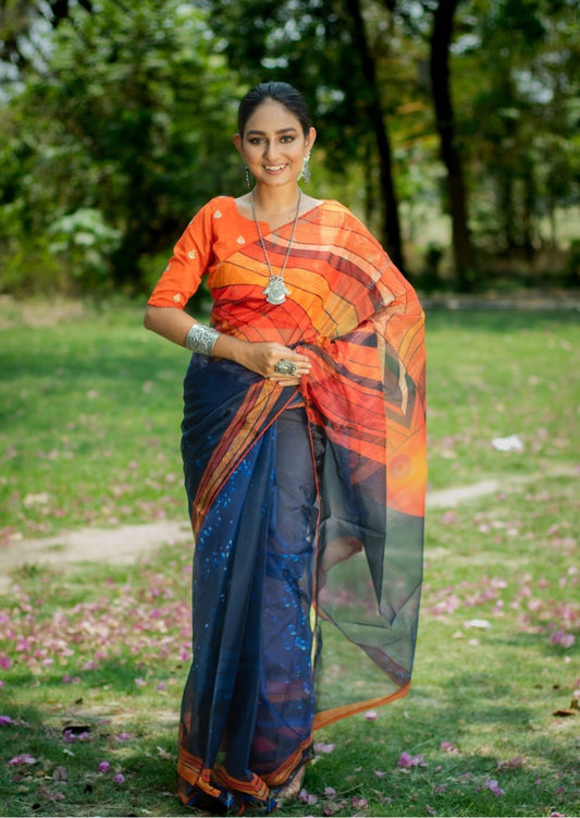 Digitally Print Organza Saree - midnight blue and orange