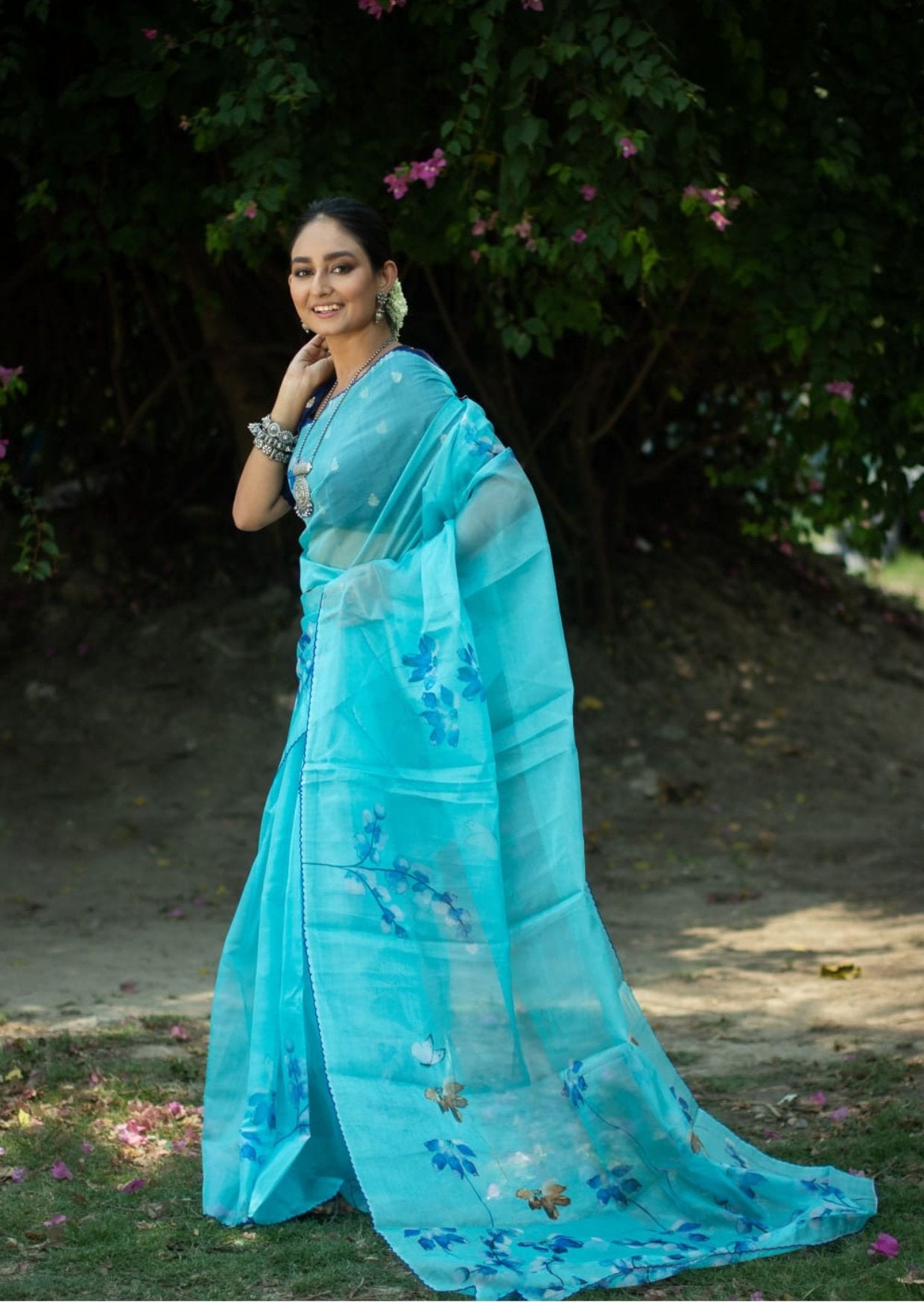 Digitally Printed Organza Saree - Neela Aasmaan - mrujaa