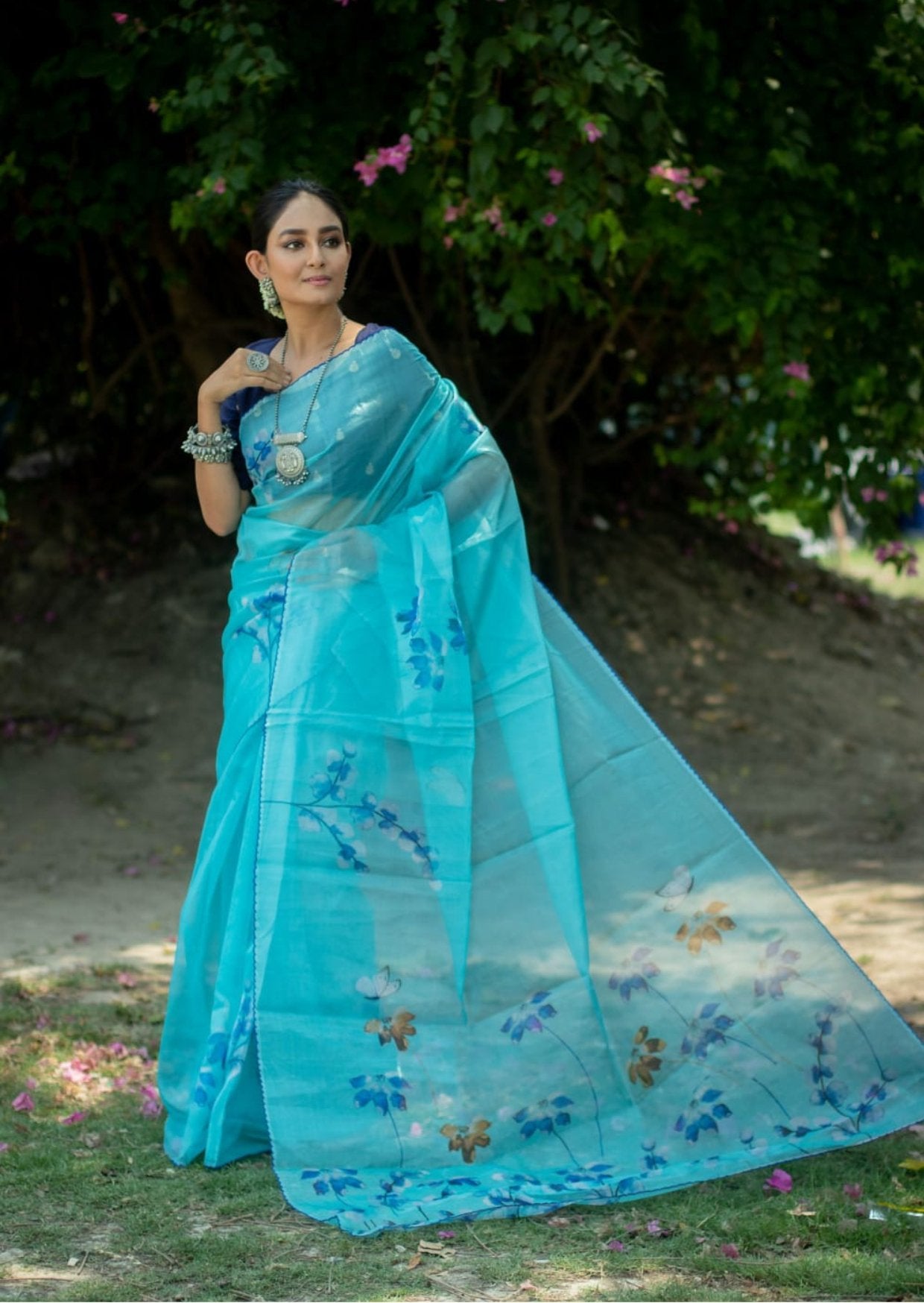 Digitally Printed Organza Saree - Neela Aasmaan - mrujaa