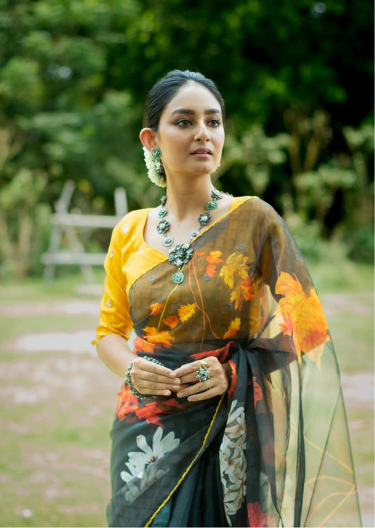 Digitally Printed Organza Saree - Night Garden