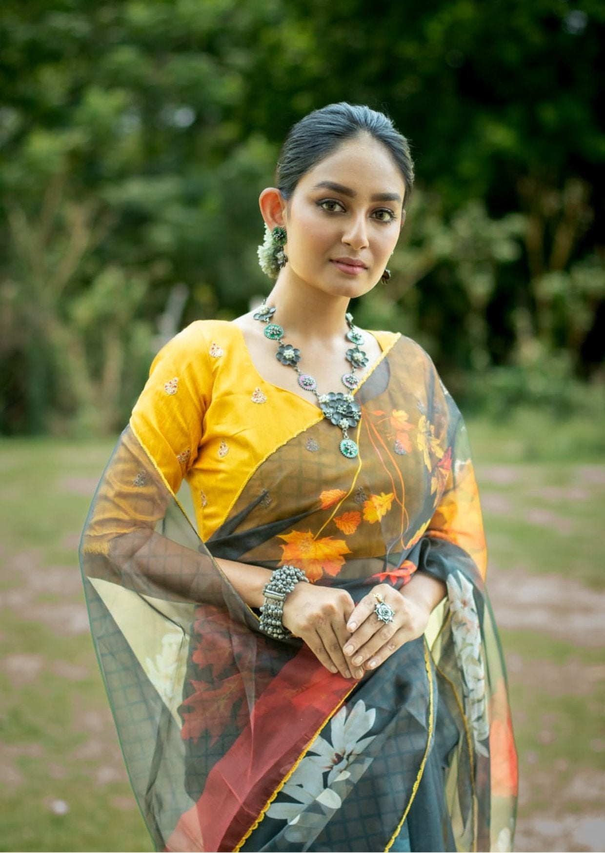 Digitally Printed Organza Saree - Night Garden - mrujaa