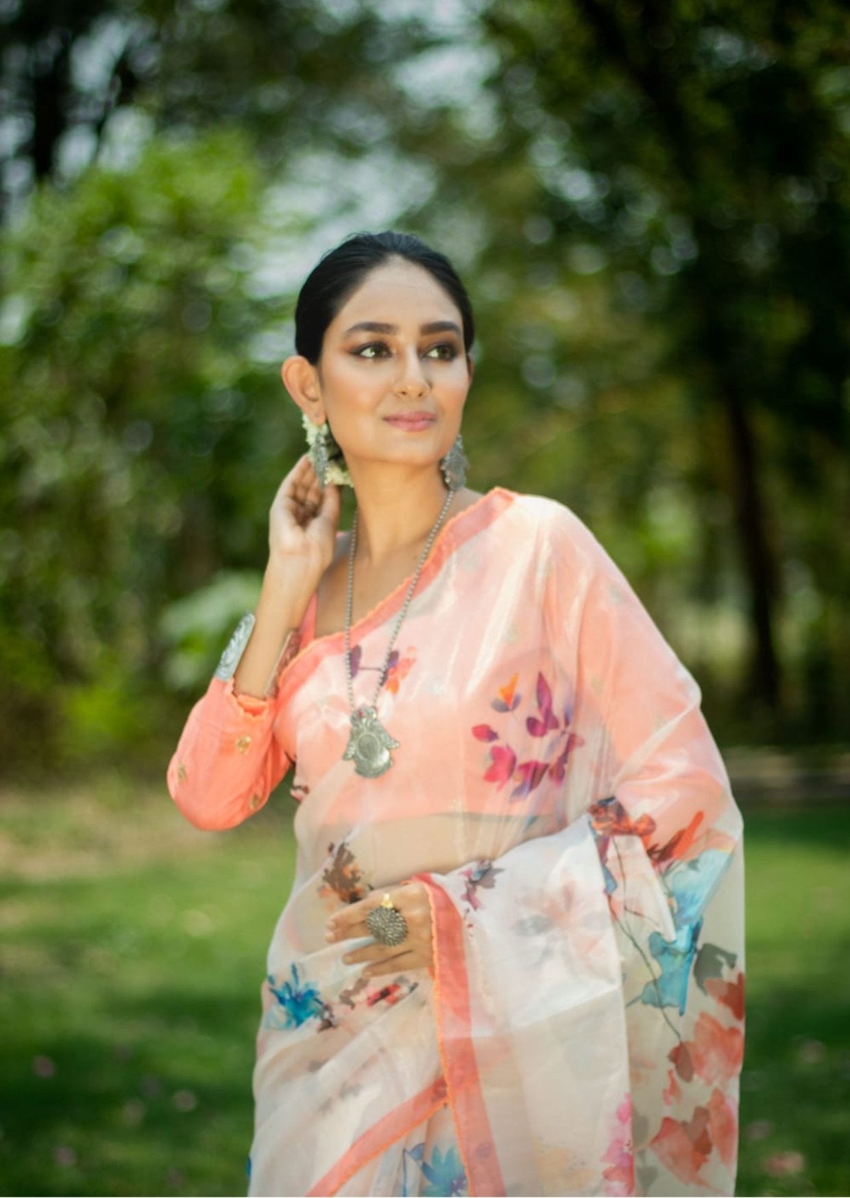 Digitally Printed Organza Saree - Peach Symphony - mrujaa