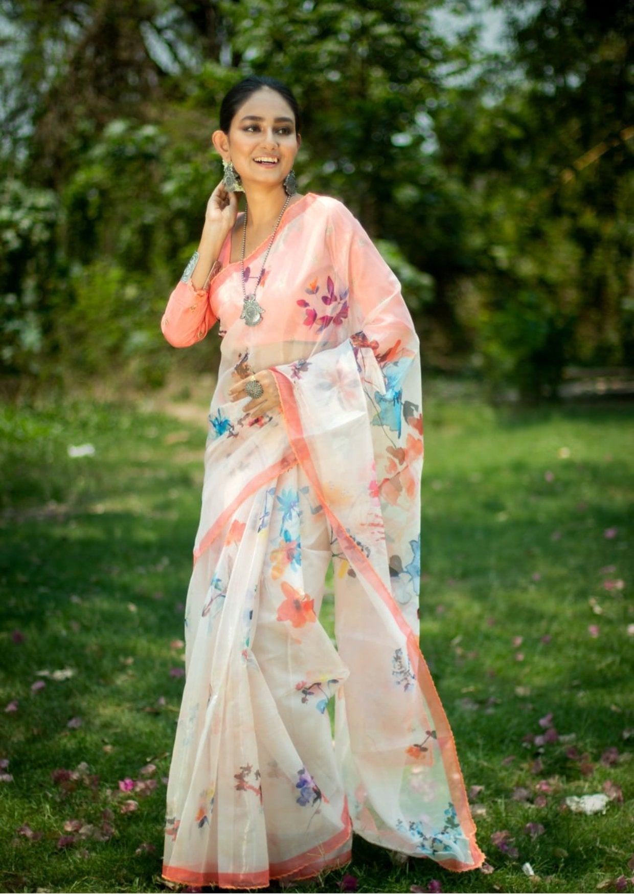 Digitally Printed Organza Saree - Peach Symphony - mrujaa