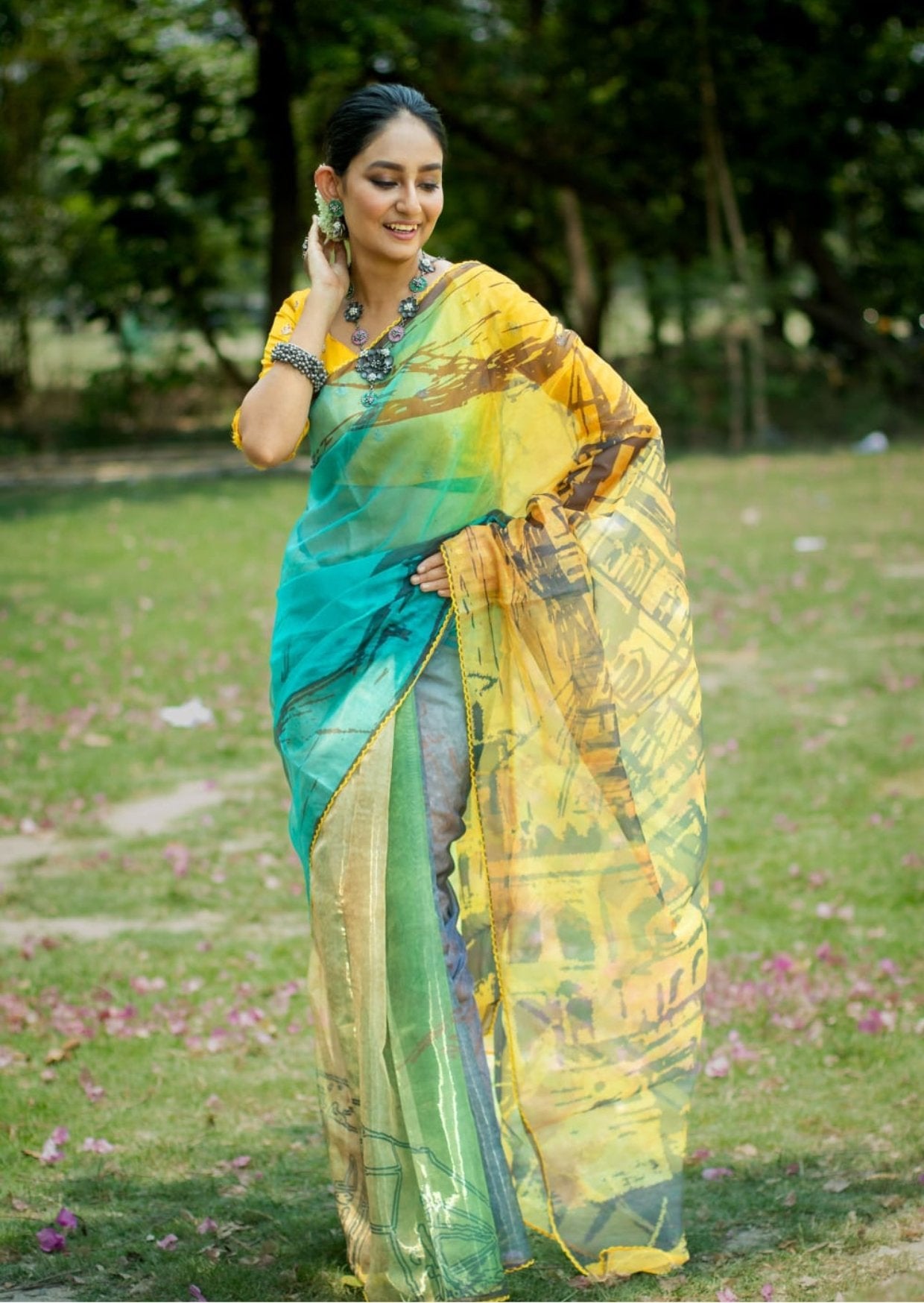 Digitally Printed Organza Saree - Yellow City - mrujaa