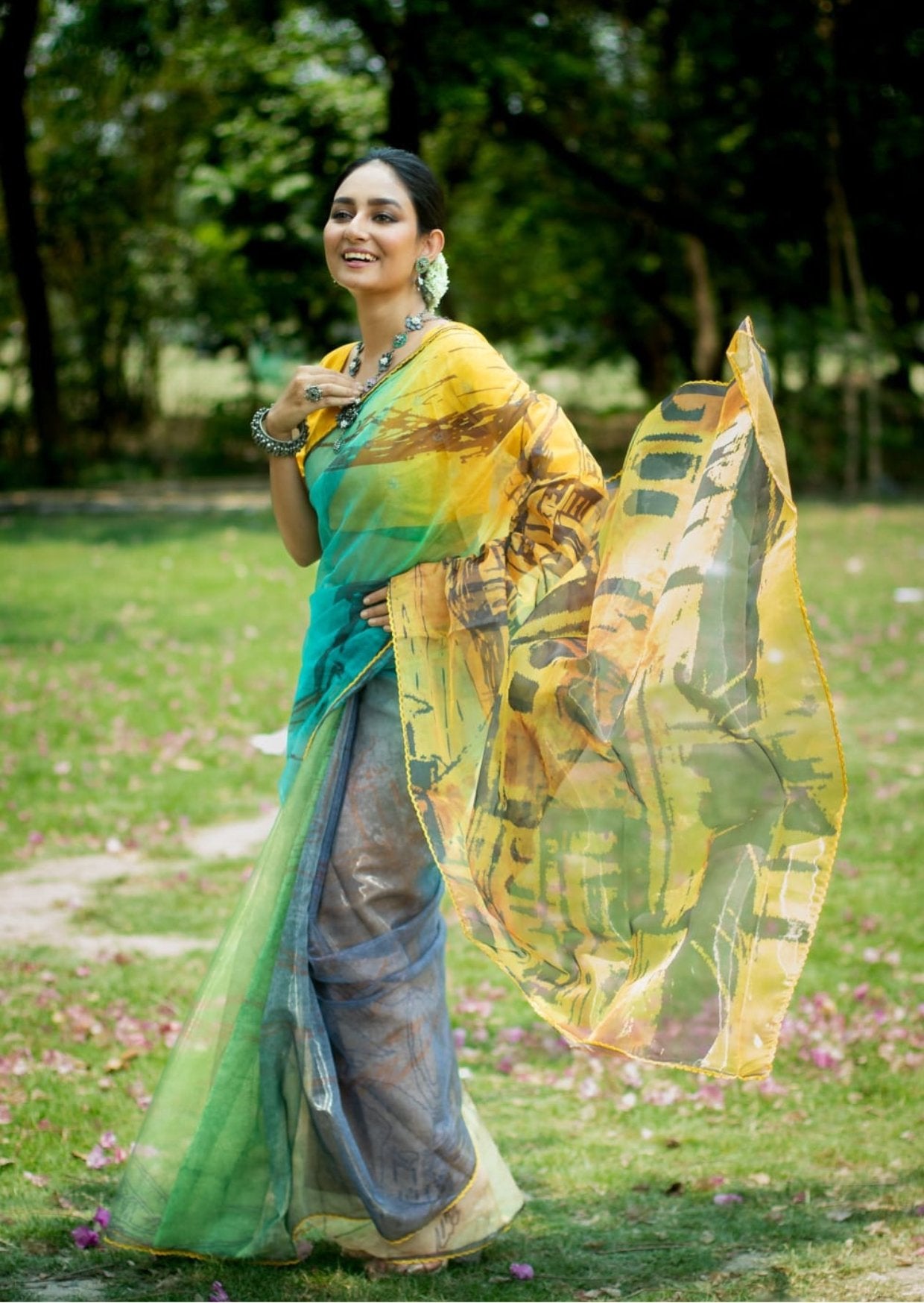 Digitally Printed Organza Saree - Yellow City - mrujaa