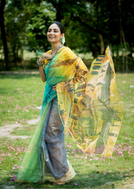 Digitally Printed Organza Saree - Yellow City