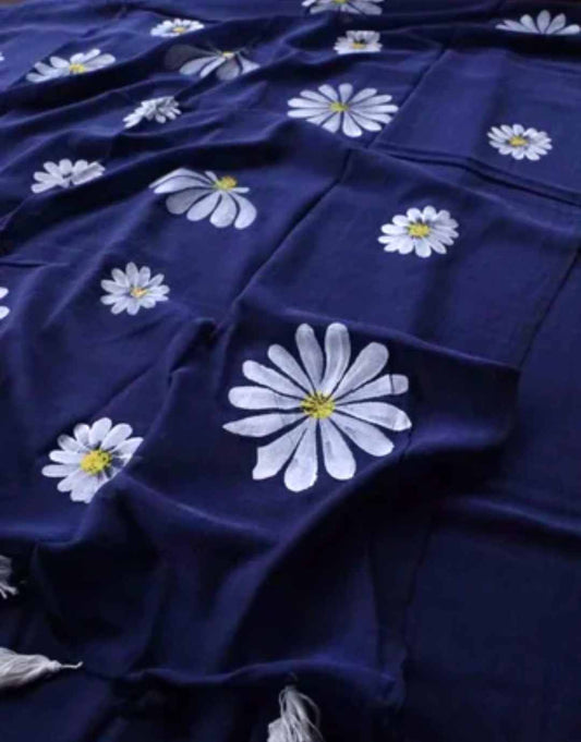 Floral handpainted mulmul cotton Saree- Blue