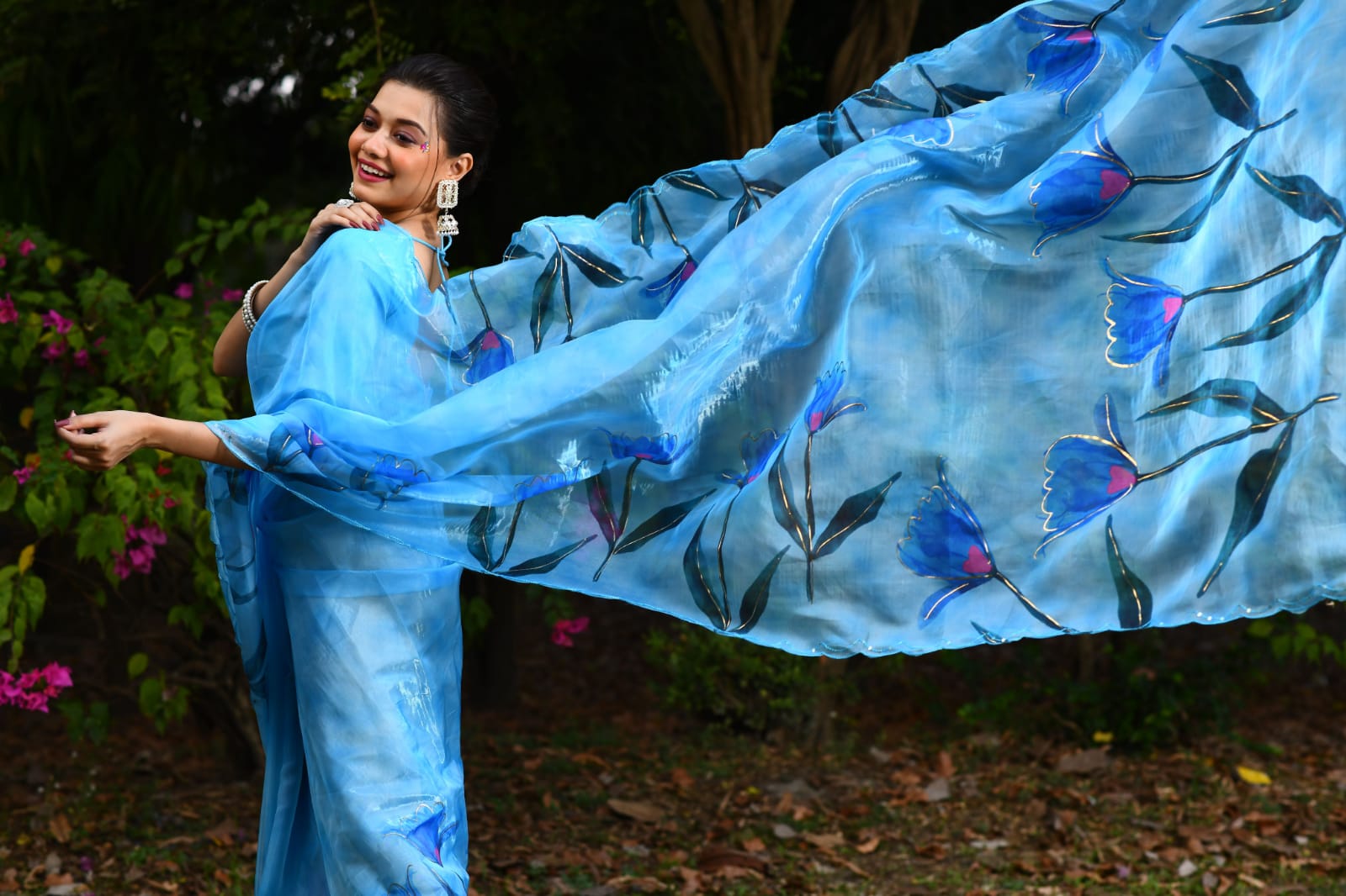 Floral Symphony Organza Saree-Blue - mrujaa