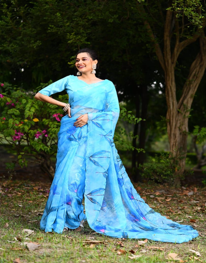 Floral Symphony Organza Saree-Blue - mrujaa