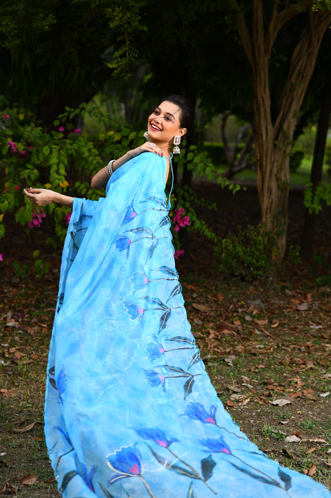 Floral Symphony Organza Saree-Blue - mrujaa