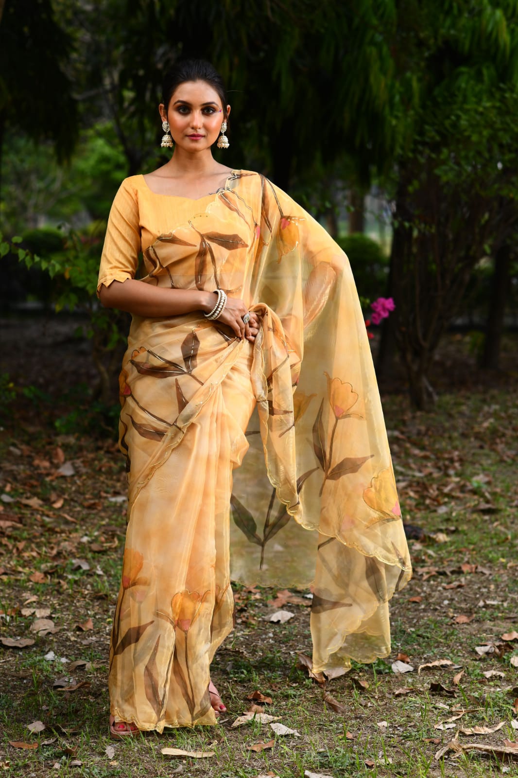 Floral Symphony Organza Saree-Golden - mrujaa