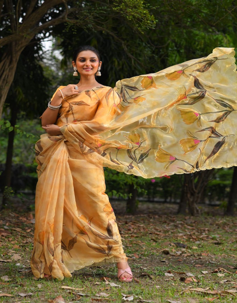 Floral Symphony Organza Saree-Golden - mrujaa