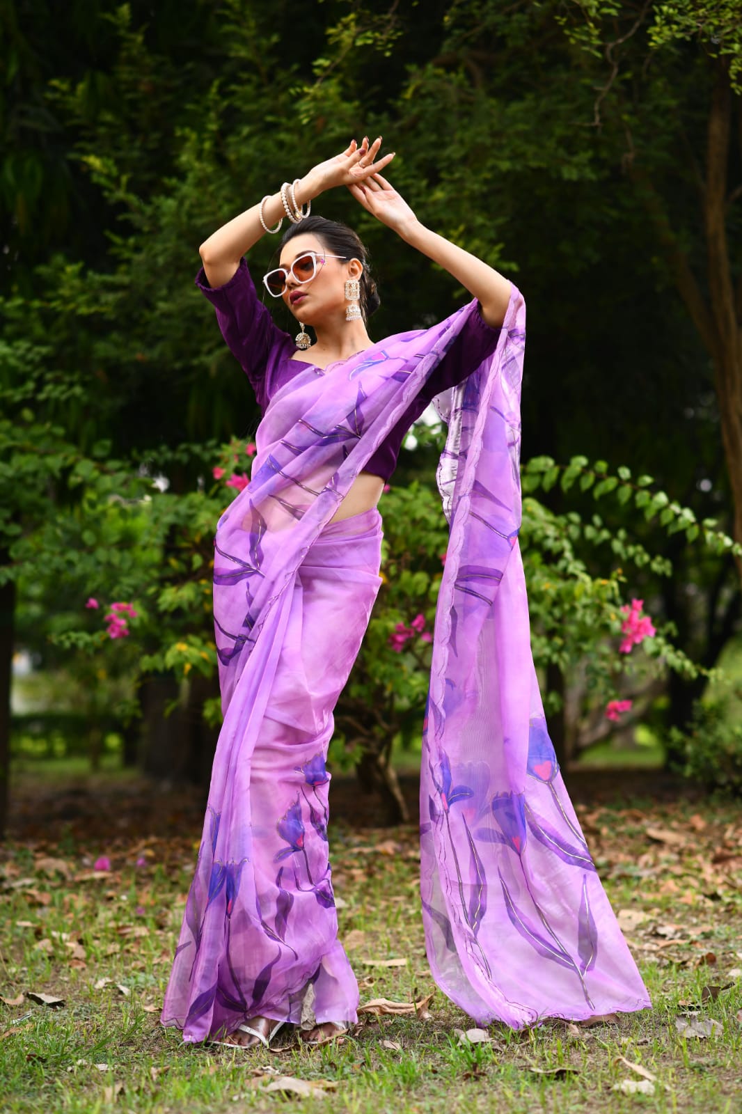 Floral Symphony Organza Saree-Purple - mrujaa