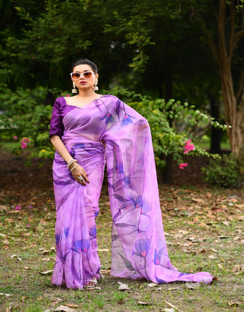 Floral Symphony Organza Saree-Purple - mrujaa