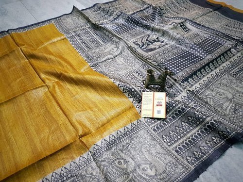 Golden yellow Pure Giccha Tussar Silk Madhubani Printed Saree - mrujaa