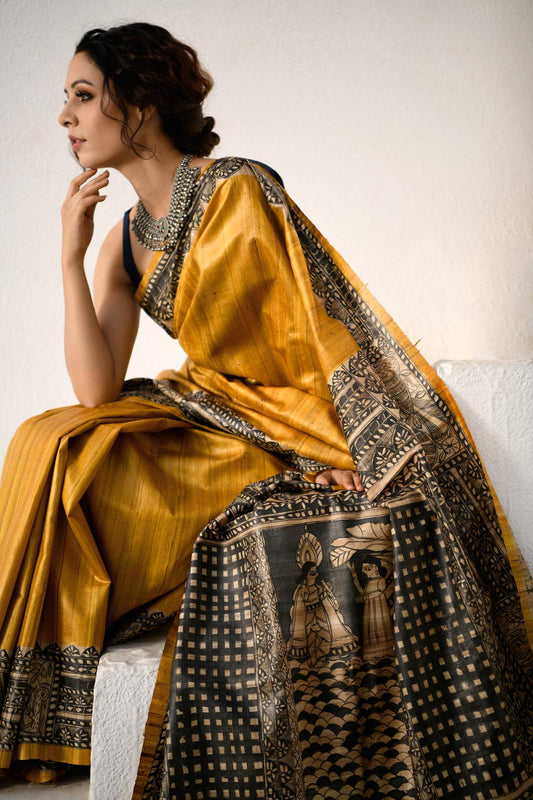 Golden yellow Pure Giccha Tussar Silk Madhubani Printed Saree