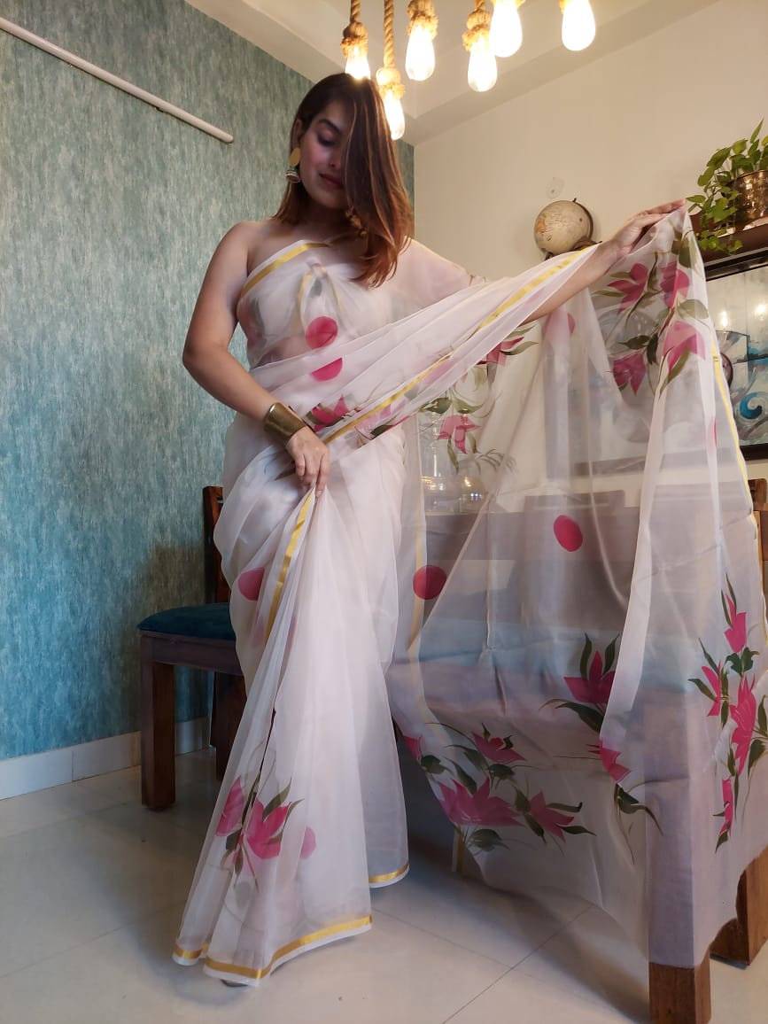 Hand-painted Organza Saree - Smoke White - mrujaa