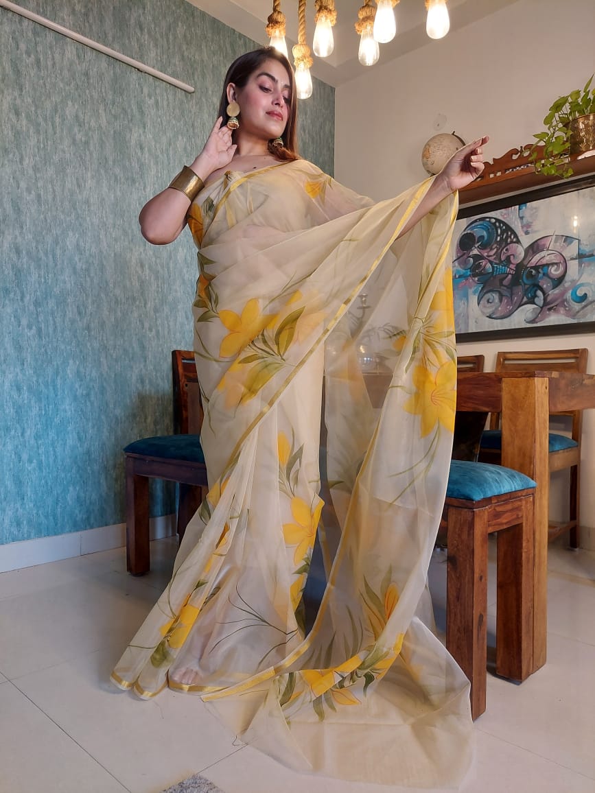 Hand-painted Organza Saree- Sunshine - mrujaa