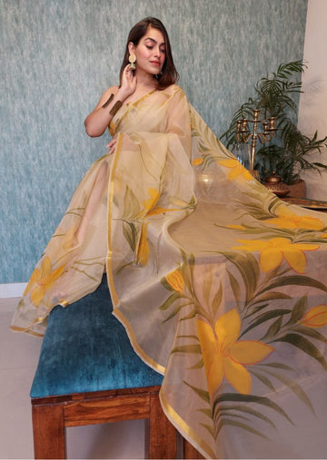 Hand-painted Organza Saree- Sunshine - mrujaa