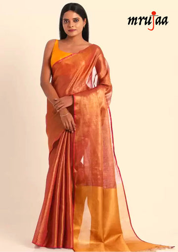 Handloom Lenin Tissue Silk Sari-Red & Gold - mrujaa