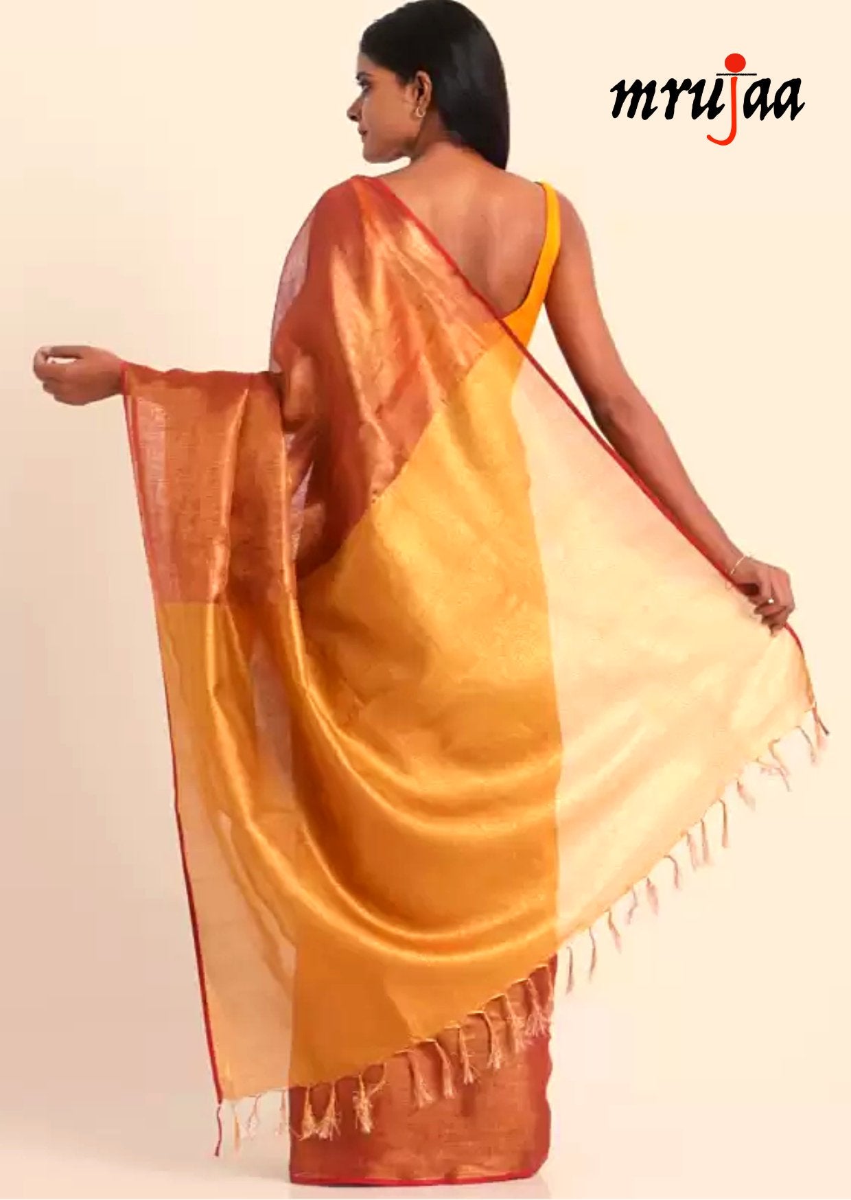 Handloom Lenin Tissue Silk Sari-Red & Gold - mrujaa