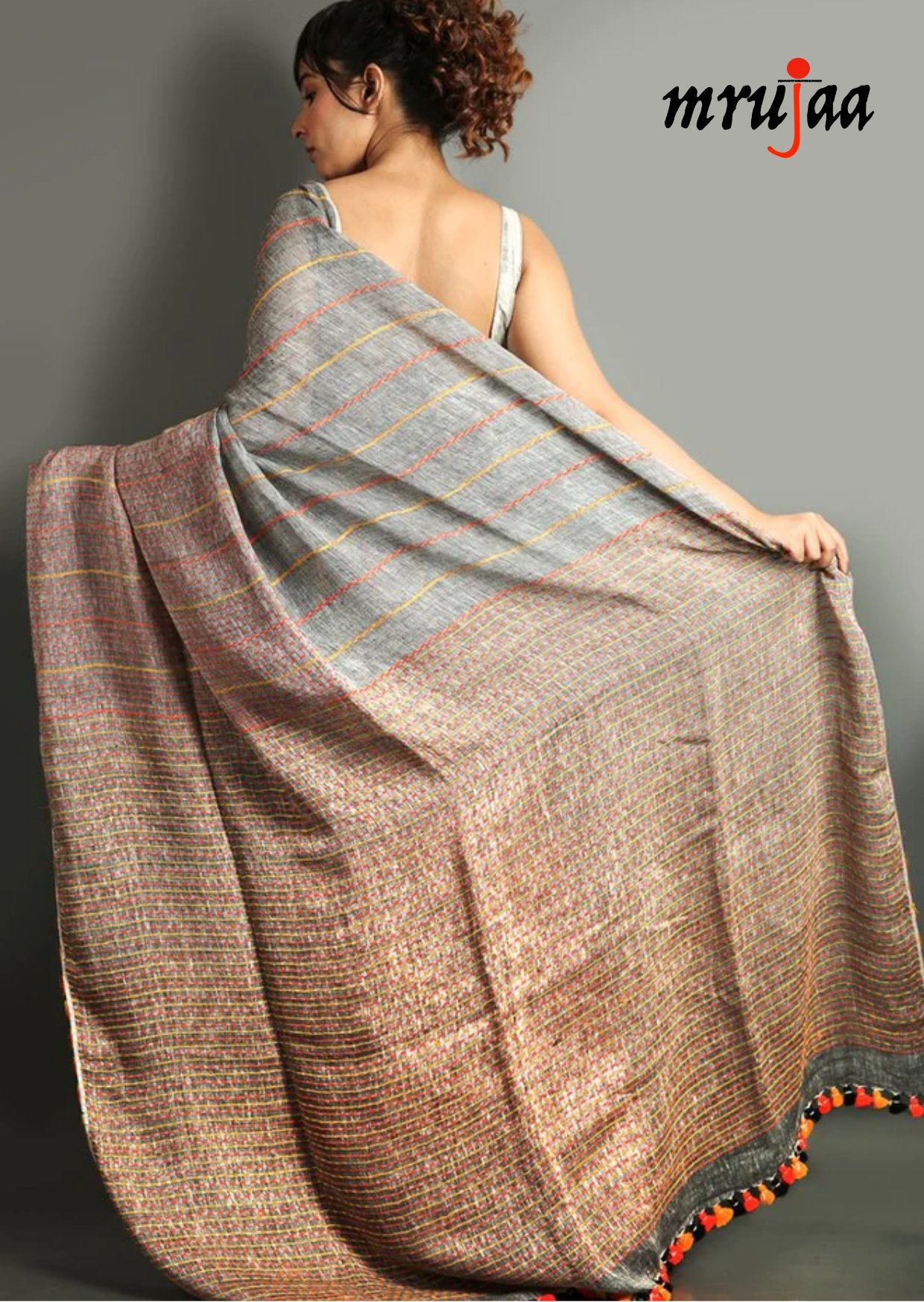 Handloom Linen Silk Thread work Weaved Saree_Grey - mrujaa