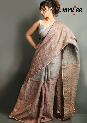 Handloom Linen Silk Thread work Weaved Saree_Grey - mrujaa