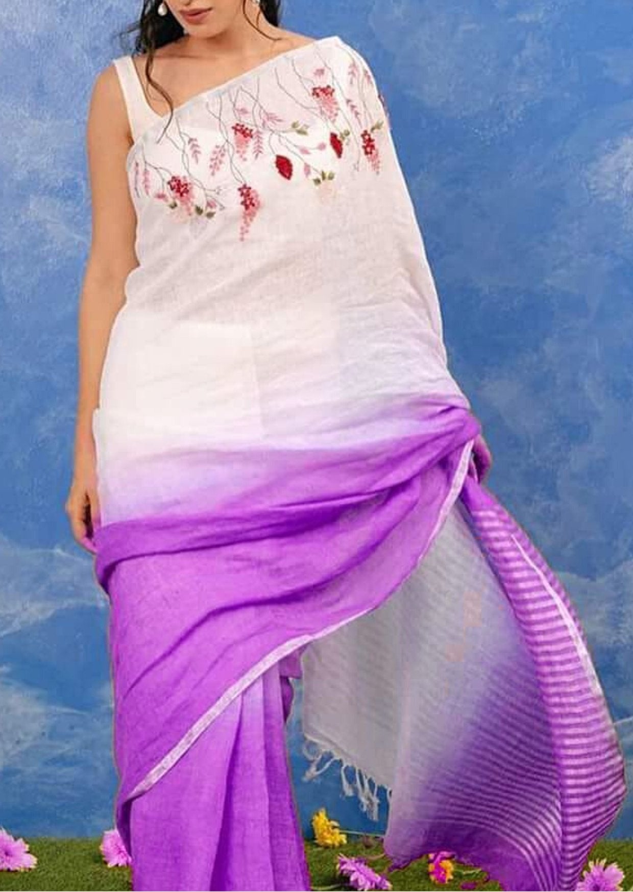 Handloom Pure Lenin Embroidered Saree- Lilac & White - mrujaa