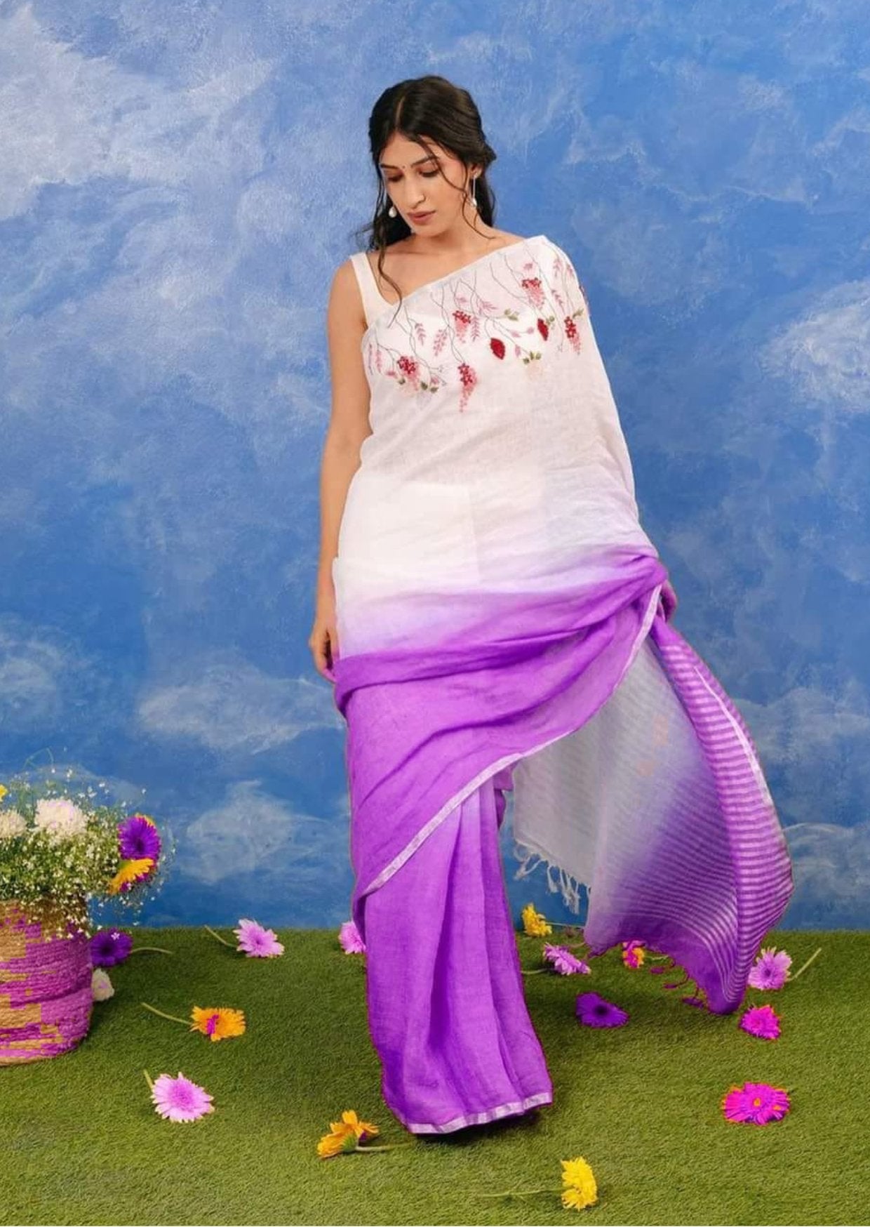 Handloom Pure Lenin Embroidered Saree- Lilac & White - mrujaa