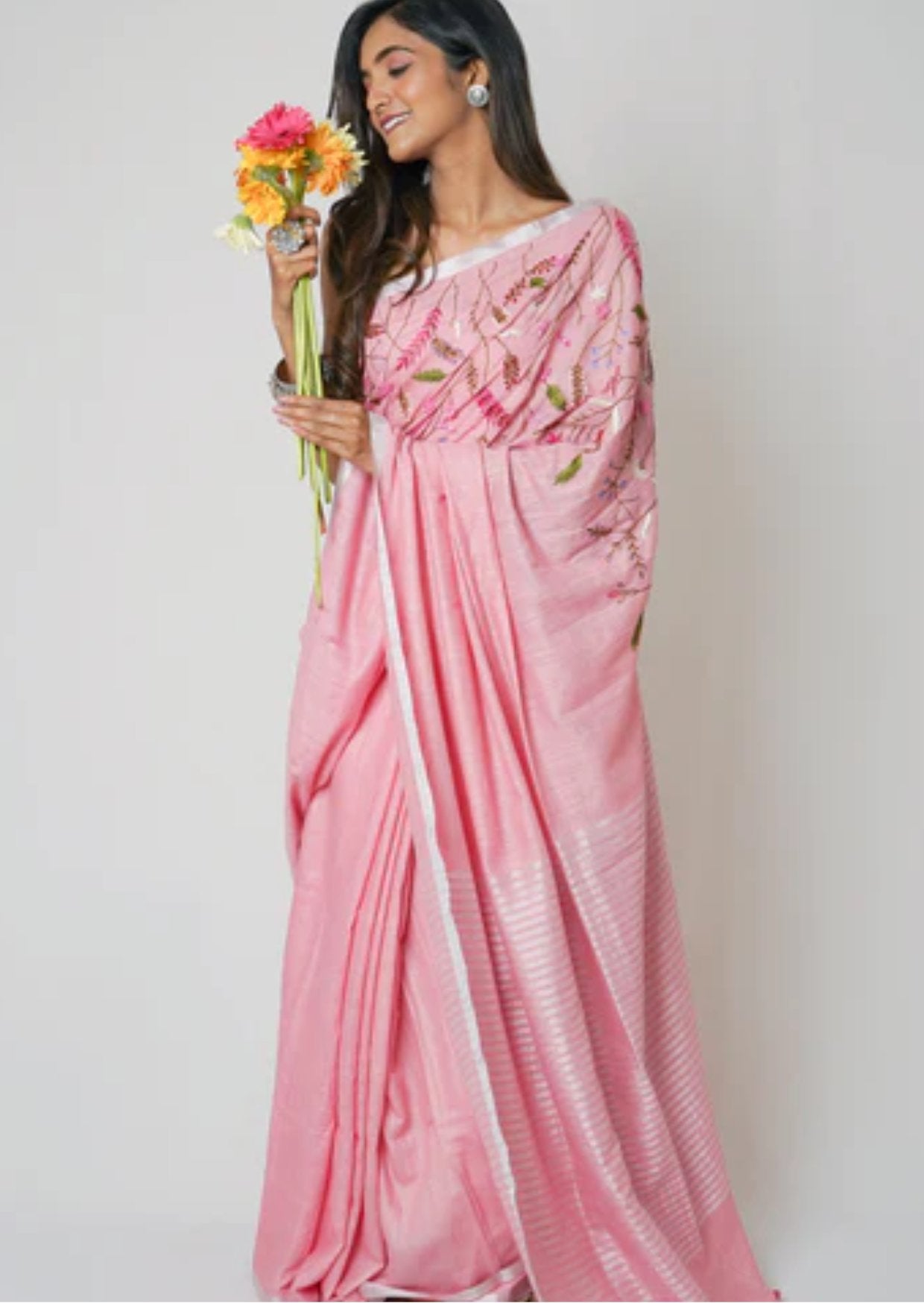 Handloom Pure Lenin Embroidered Saree- Pink Blush - mrujaa