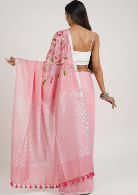 Handloom Pure Lenin Embroidered Saree- Pink Blush