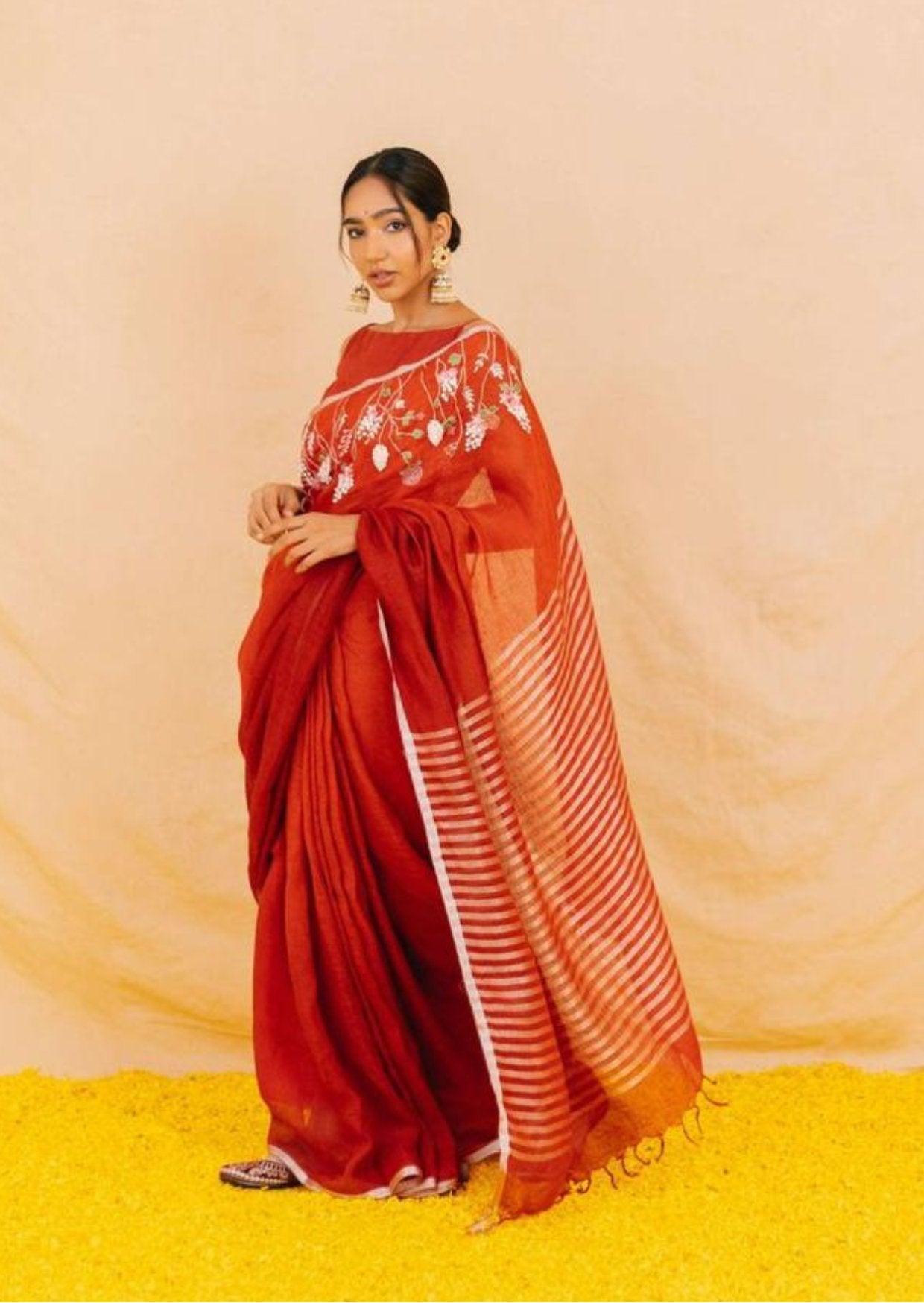 Handloom Pure Lenin Embroidered Saree- Ruby Blossom - mrujaa