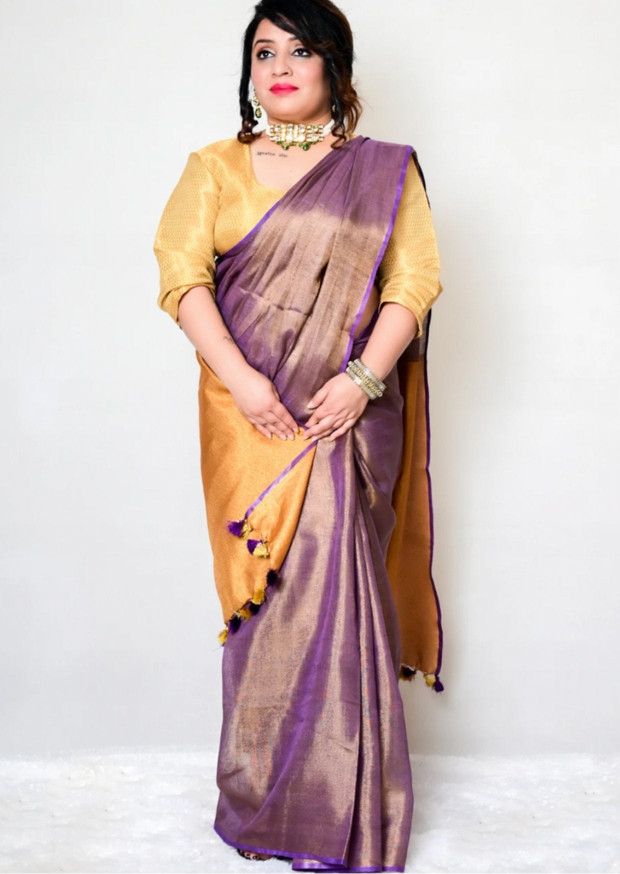 Handloom Pure Lenin Tissue Silk Sari- Deep Purple & Gold - mrujaa