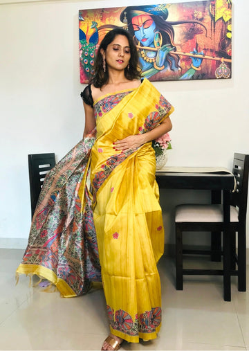 Madhubani Printed Silk Saree_Golden Yellow - mrujaa