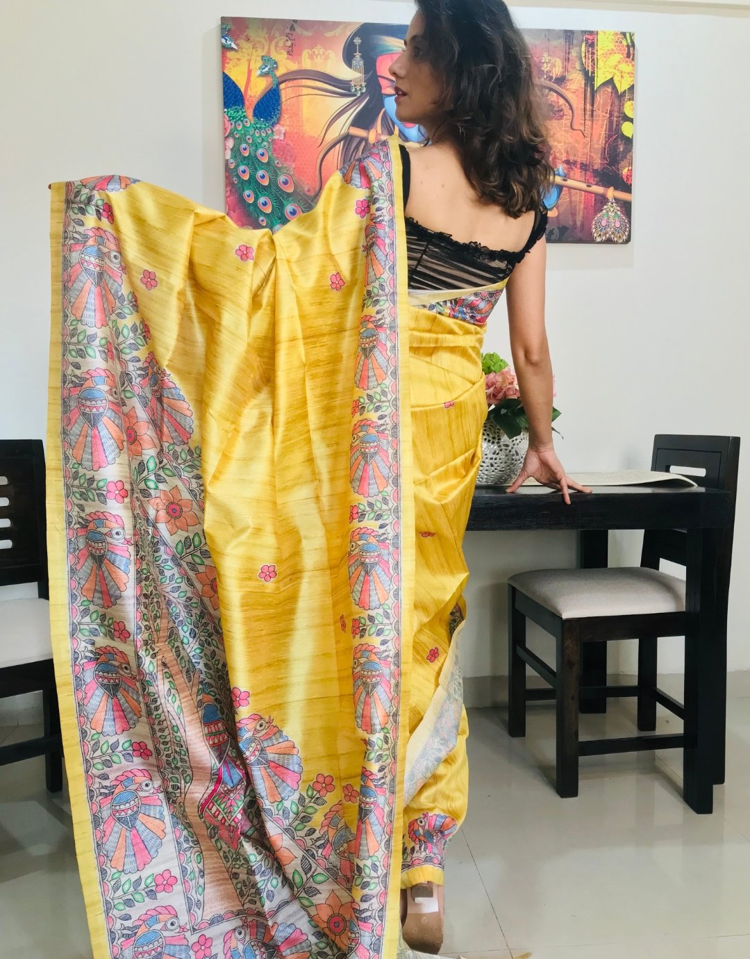 Madhubani Printed Silk Saree_Golden Yellow - mrujaa