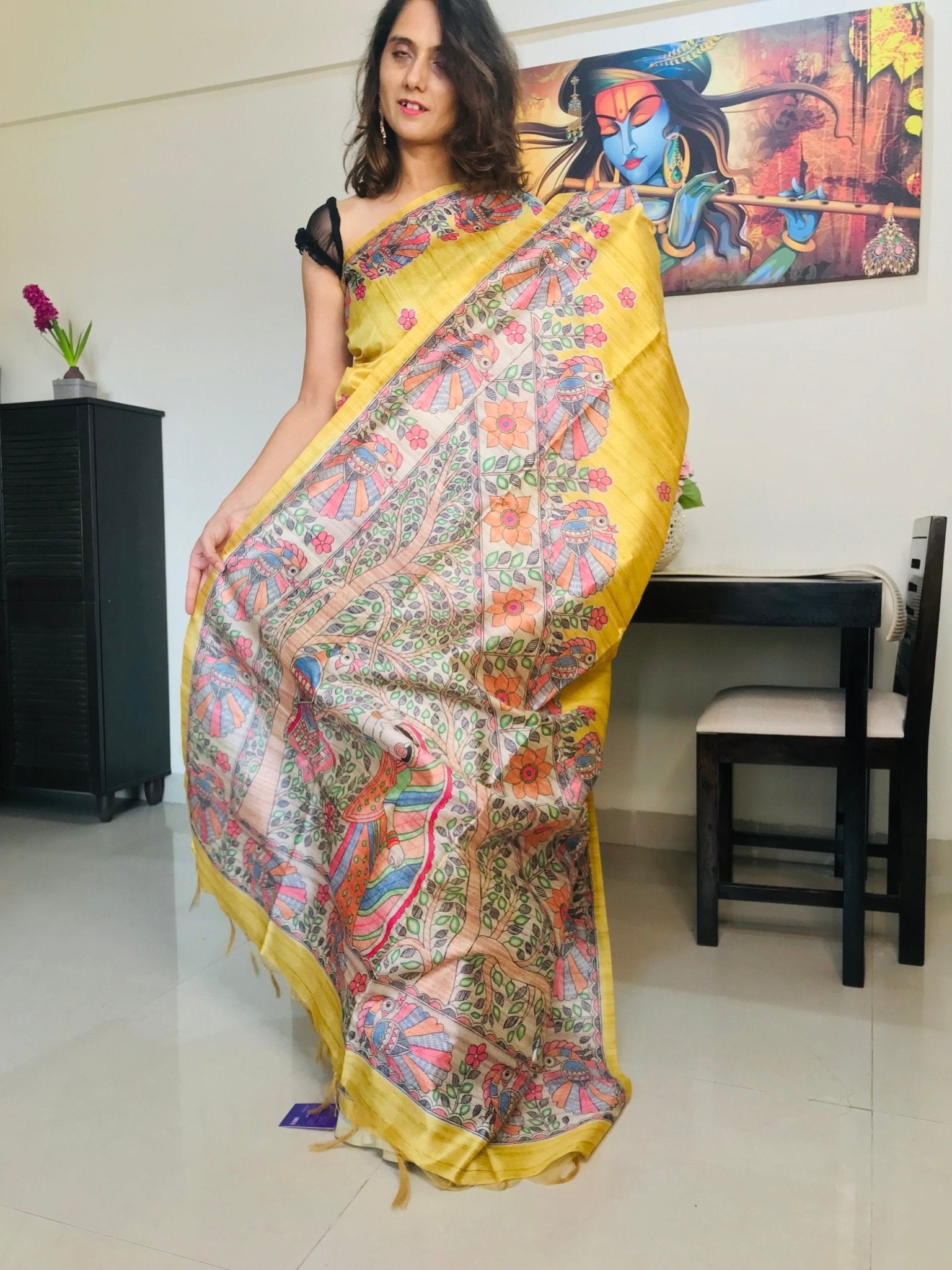 Madhubani Printed Silk Saree_Golden Yellow - mrujaa