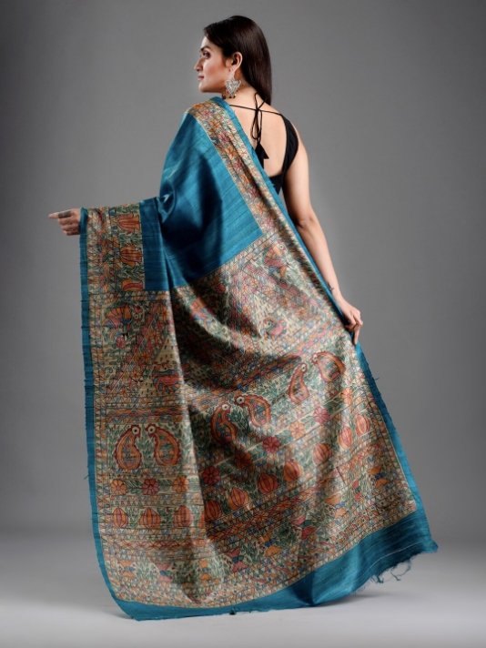 Madhubani Printed Silk Saree_Teal - mrujaa