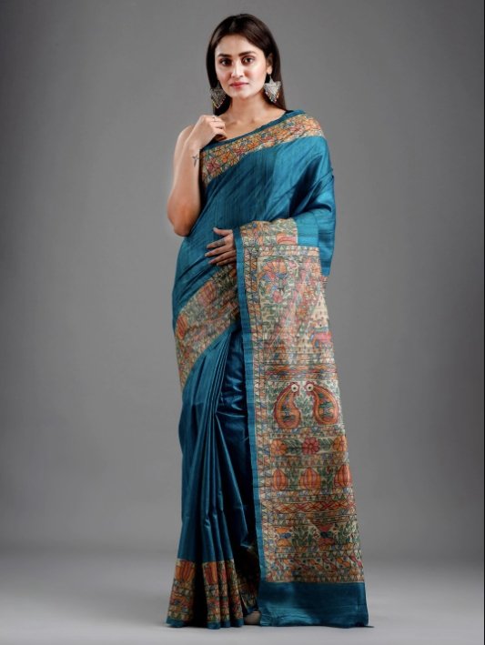 Madhubani Printed Silk Saree_Teal - mrujaa