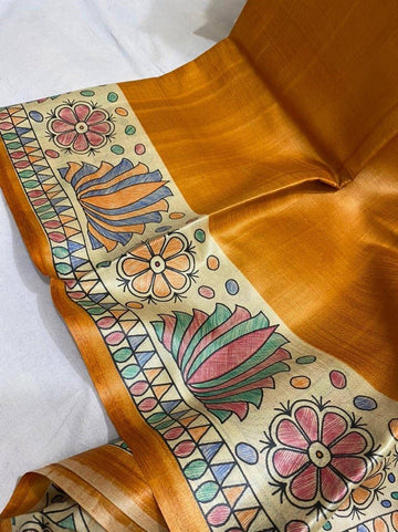 Pure Giccha Tussar Silk Madhubani Printed Saree_Mustard - mrujaa