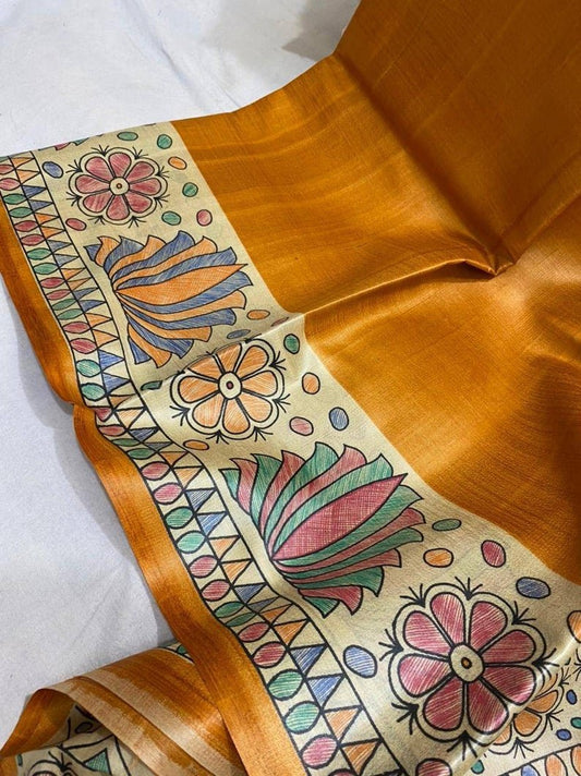 Pure Giccha Tussar Silk Madhubani Printed Saree_Mustard