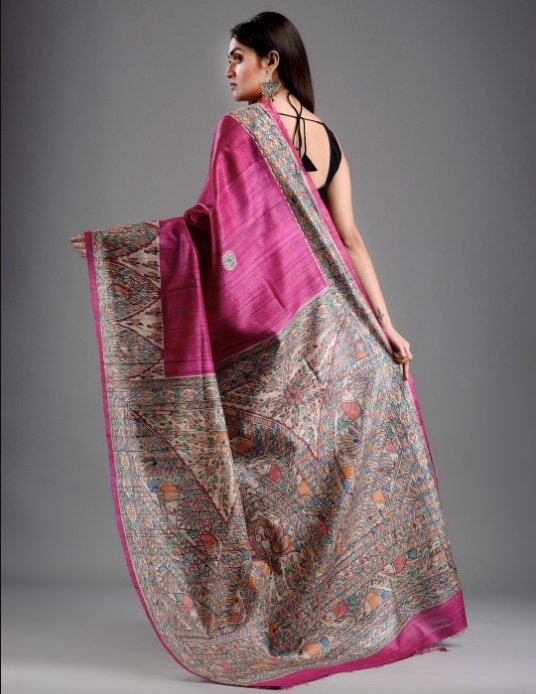 Pure Giccha Tussar Silk Madhubani Printed Saree_Pink - mrujaa