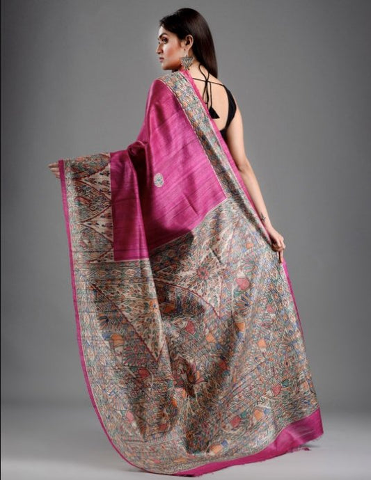 Pure Giccha Tussar Silk Madhubani Printed Saree_Pink