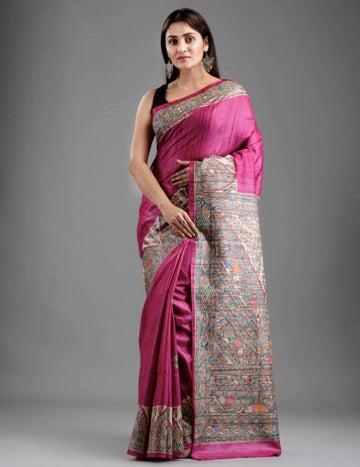 Pure Giccha Tussar Silk Madhubani Printed Saree_Pink - mrujaa