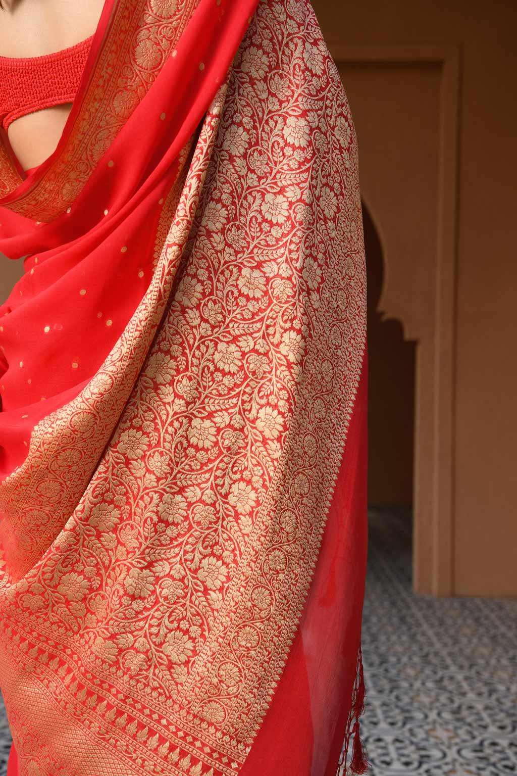 Pure Khaddi Chiffon Red Saree - mrujaa